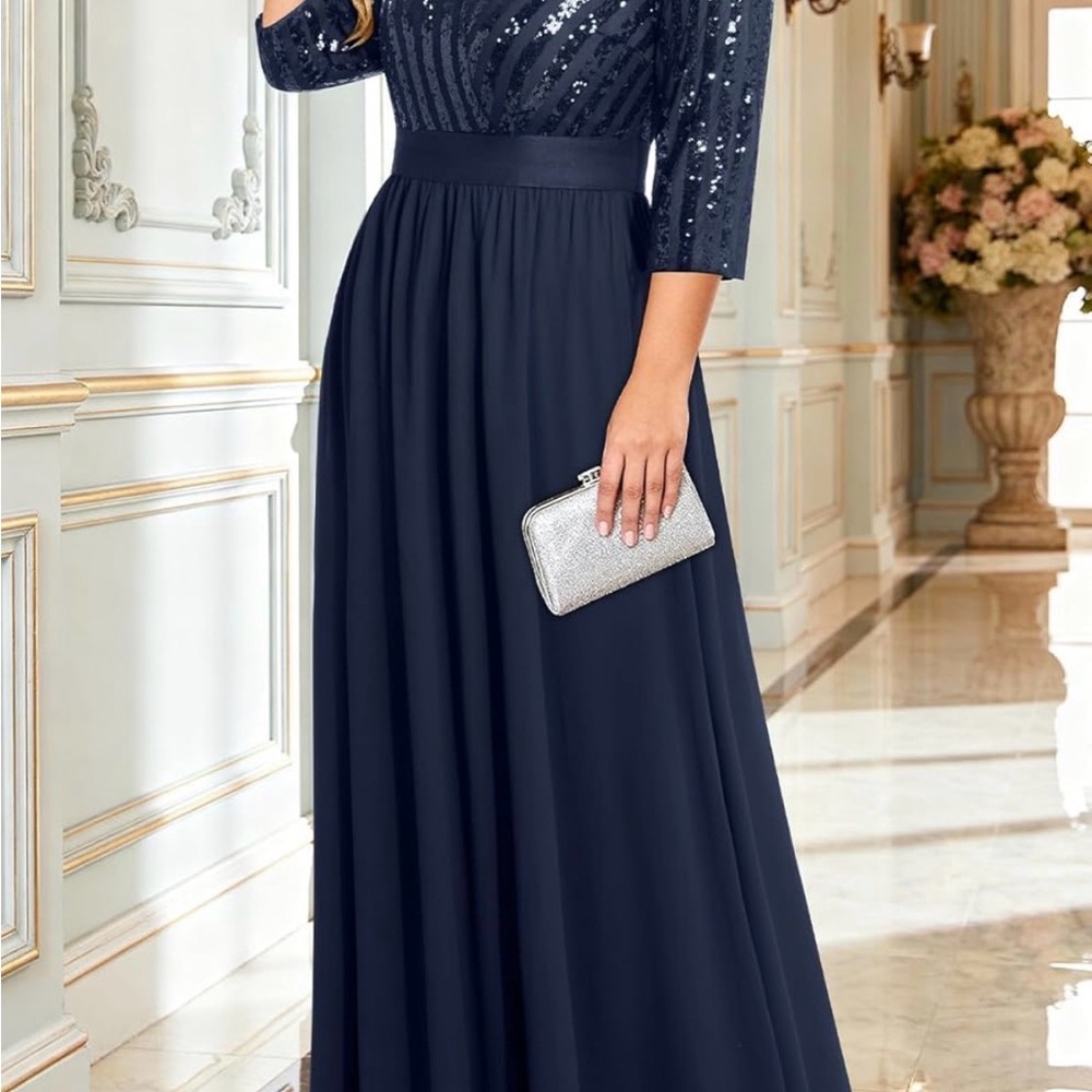 NWT Elegant Navy Blue Sequin Evening Gown